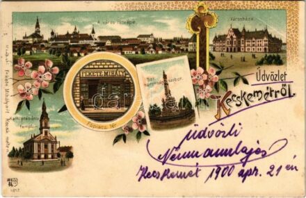 1900 Kecskemét, városház, katolikus plébánia templom, Szentháromság szobor, Főpiac tér, Fekete Mihály üzlete és saját kiadása. Art Nouveau, floral, litho (EB)