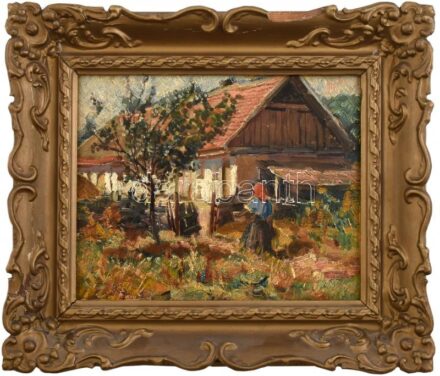 Jelzés nélkül: Napfényes udvar. Olaj, karton. Dekoratív, kissé sérült fa keretben, 22x27,5 cm