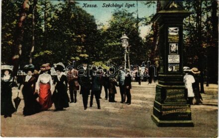 1910 Kassa, Kosice; Széchenyi liget, Kodak film, Goerz és Mildner Ferenc fényképész reklámja / park, advertising column (Rb)