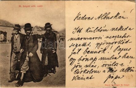 1900 Máramarossziget, Sighetu Marmatiei; Máramarosszigeti ortodox zsidó férfiak. Judaika. Mayer és Berger kiadása / Orthodox Jewish men, Judaica (EK)
