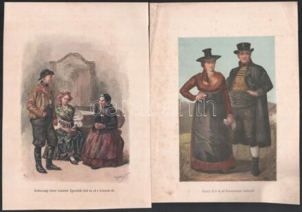 cca 1900 6 db vegyes népviselet témájú illusztráció (Ormánsági népviselet Baranyában, Paraszt férfi és nő Kremsmünster környékéről stb.). Kromolitográfia és nyomat, papír, részben kissé foltos, 28x20,5 cm