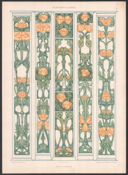 cca 1900-1910 Dekorative Vorbilder, 20 db szecessziós, historizáló és egyéb ornamentikával, illusztrációval díszített nyomat. Lapok széle részben sérült, egyik foltos. Lapméret: 36x25 cm