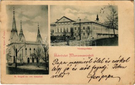 1899 (Vorläufer) Máramarossziget, Sighetu Marmatiei; Református templom, Vármegyeháza. Mayer és Berger kiadása / Calvinist church, county hall (EK)
