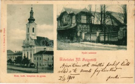 1900 Máramarossziget, Sighetu Marmatiei; Római ktolikus templom és gimnázium, Nyári színkör, színház. Mayer és Berger kiadása / Catholic church and grammar school, summer theatre (EK)