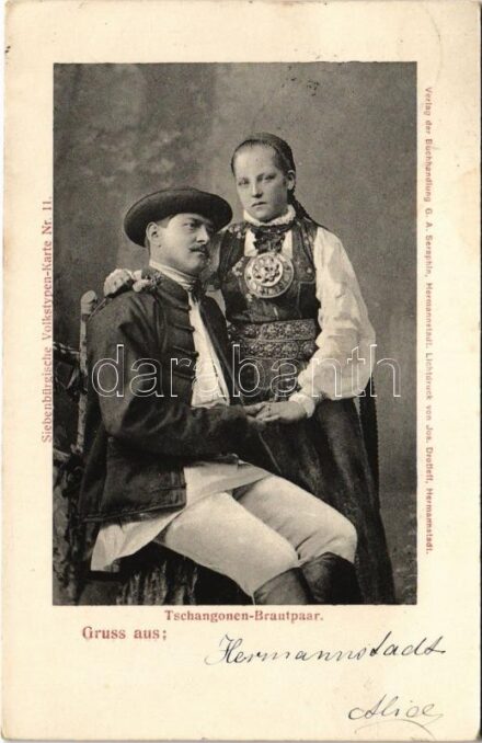 1906 Nagyszeben, Hermannstadt, Sibiu; Tschangonen-Brautpaar. Siebenbürgische Volkstypen-Karte Nr. 11. / Csángó jegyesek, erdélyi folklór. Verlag d. Buchh. G.A. Seraphin. Lichtdruck von Jos. Drotleff / Transylvanian folklore