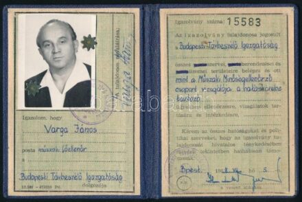 1968 Budapesti Távbeszélő Igazgatóság arcképes minőségellenőri igazolványa