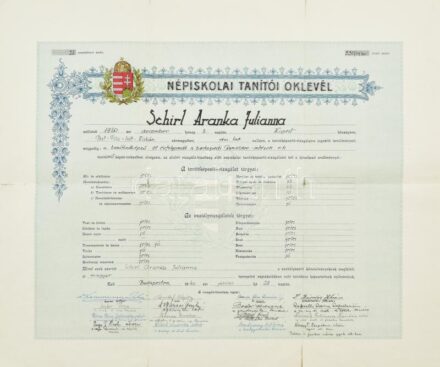1940 Dekoratív elemi népiskolai tanítói oklevél 50x43 cm