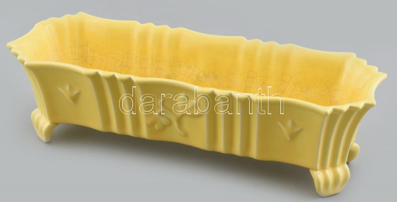 Gránit??? Népi szecessziós virágtartó, fajansz, sárga mázakkal, lepattanással, jelzés nélkül, 29x10x8,5cm