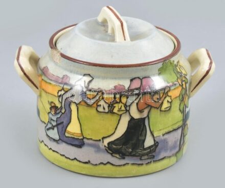 Fischer Emil (1863 - 1937): Cukortartó. Pálinkás Béla (1880-?), népi motívummal, mázas fajansz, kézzel festett, jelzett, lepattanással, m: 9,5 cm