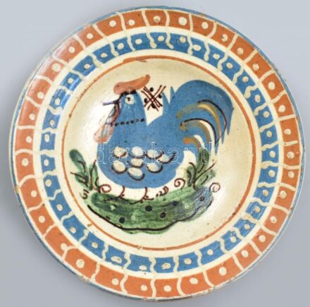 Régi népi kakasos falitál, cserép, jelzés nélkül, korának megfelelő állapotban, d: 17,5cm