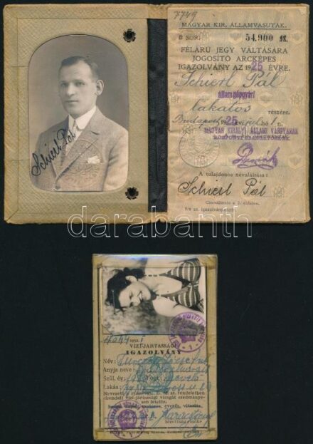 1925 fényképes vasúti igazolvány bőr tokkal és 1950 Vizijártassági igazolvány