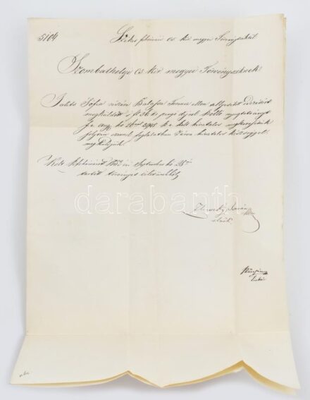 1852 Székesfehérvári Törvényszék hivatalos levele, viaszpecséttel Zlinszky István aláírásával, viaszpecséttel
