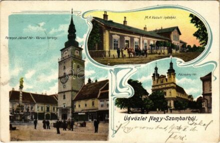 1904 Nagyszombat, Tyrnau, Trnava; Ferenc József tér, Várostorony, piac, üzletek, MÁV (Magyar Királyi Államvasutak) indóház, vasútállomás, Pázmány tér, templom. Verlag 'Bediene dich allein' / square, city tower, market, shops, railway