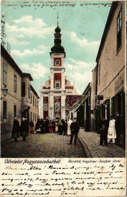 1904 Nagyszombat, Tyrnau, Trnava; Barátok temploma, Színház utca, üzletek / church, street view, shops (EB)