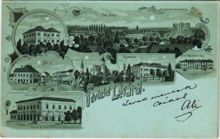 1904 Léva, Levice; Kórház, Báti út, látkép, vár, főgimnázium, Takarékpénztár, Hitelintézet háza, Nyitrai és Társa könyv és papírkereskedése / hospital, street view, general view with castle ruins, grammar school, savings bank,