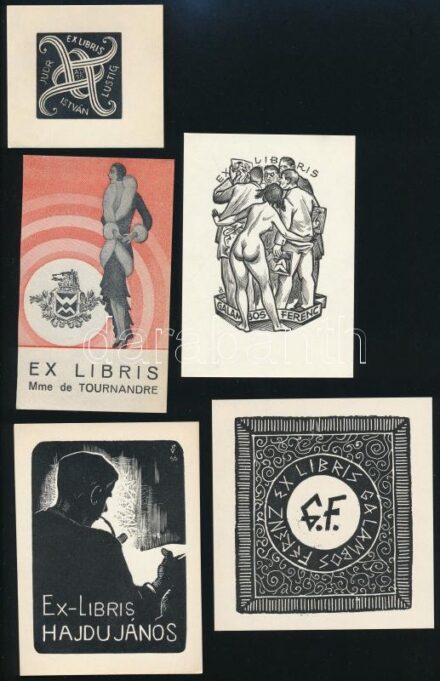 Jelzés nélkül: Art deco ex libris (Mme de Tournandre). Színes klisé, papír, 10×6 cm, Jelzés nélkül: Galambos Ferenz. Fametszet, papír, 8x7,5cm, Varsányi Pál: Hajdu János. Fametszet, papír, 9x6,5cm, Olvashatatlan jelzéssel: Galambos