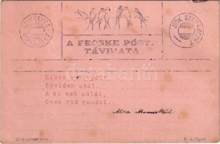 1903 Szívélyes üdvözlet - Sok szerencsét! A Fecske Posta távirata / Telegraph of the swallow post (kis szakadás / small tear)