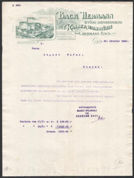 1908 Back Hermann győri henger malom díszes fejléces számla