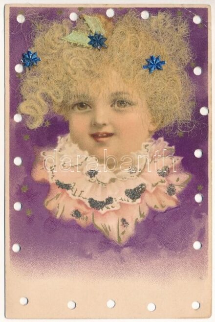1900 Hölgy igazi hajas rátéttel / Lady with real hair. litho (lyukasztott / punched holes)
