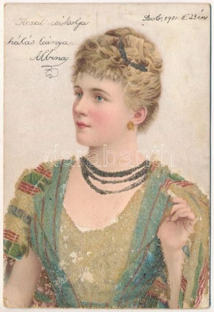 1901 Hölgy rátéttel / Lady art postcard. litho (EK)