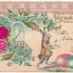 1902 Boldog húsvéti ünnepeket / Easter greeting art postcard with rabbit, eggs and silk flowers. Art Nouveau, floral, Emb. litho