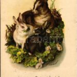 1900 Easter greeting art postcard with rabbits. litho (fl)