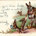 1900 Easter greeting art postcard with rabbit postman. litho (kis szakadás / small tear)