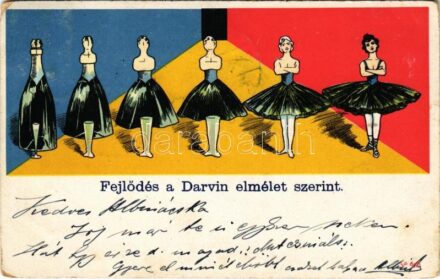 1900 Fejlődés a Darwin elmélet szerint / Darwin's evolution theory, humour, bottle of champagne - ballet dancer (kopott sarkak / worn corners)