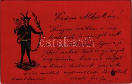 1900 Krampus with birch, chain and child. Emb. litho (EK)
