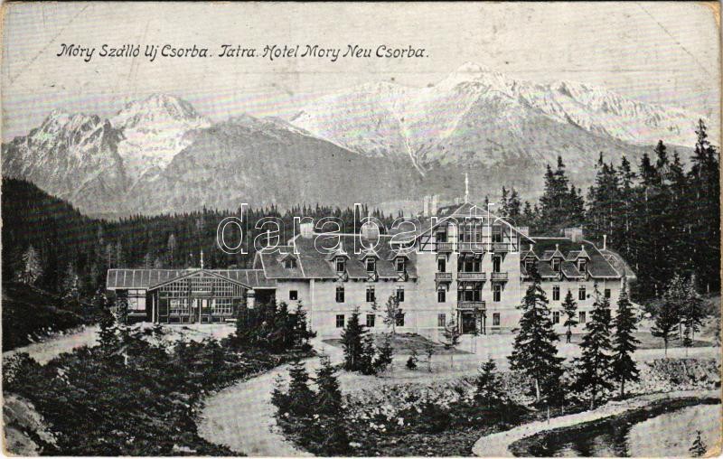 Tátra, Magas-Tátra, Vysoké Tatry; Móry szálló Újcsorbán reklám / Nové Strbské Pleso / hotel advertisement card (non PC) (EK)