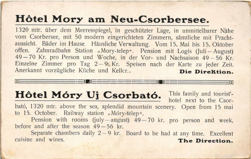 Tátra, Magas-Tátra, Vysoké Tatry; Móry szálló Újcsorbán reklám / Nové Strbské Pleso / hotel advertisement card (non PC) (EK) - Image 2