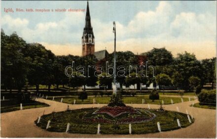 Igló, Zipser Neudorf, Spisská Nová Ves; Római katolikus templom a sétatér részletével. Dörner Gyula kiadása / Catholic church, park
