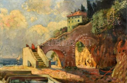 Olvashatatlan jelzéssel, XX. sz. elején/első felében működött (magyar?) festő: Vízpart vitorlással. Olaj, vászon. 40x60 cm