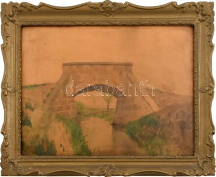 Szabó József (?-?): Híd a patak felett (Rákospatak?). Akvarell, papír, jelzett. Dekoratív, üvegezett, sérült fakeretben. 24,5×35,5 cm.