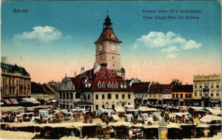 Brassó, Kronstadt, Brasov; Ferenc József tér, tanácsház, piac. Vasúti levelezőlapárusítás 16. 1915. / town hall, market square + 'K.u.k. Mil. Briefzensur Brassó'