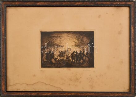 Rudnay Gyula (1878-1957): Mulatozók, rézkarc, papír, jelzett, üvegezett fa keretben, foltos, 14,5×20 cm