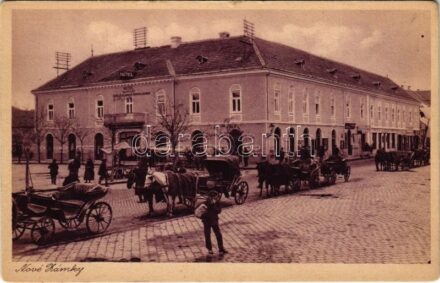 Érsekújvár, Nové Zámky; Arany oroszlán szálloda, konflisok, piac / hotel, market, horse chariots / Hotel Zlaty Lev