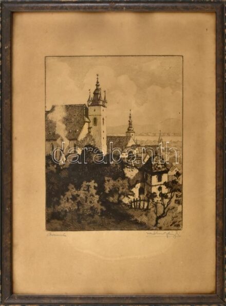 Olvashatatlan jelzéssel: Vízparti város (Németország?). Rézkarc, papír, jelzett, üvegezett fa keretben, 22,5×17 cm