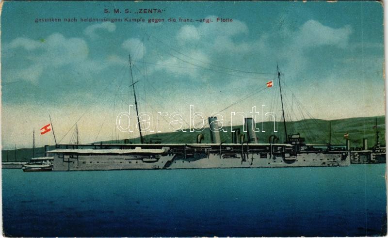 1916 SMS Zenta az Osztrák-Magyar Haditengerészet Zenta-osztályú védett cirkálója / WWI Austro-Hungarian Navy, SMS Zenta armored cruiser. M. Schulz 1916 + 'K.u.k. Marinefeldpostamt'