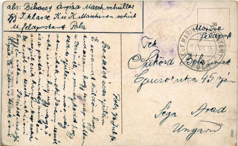 1916 SMS Zenta az Osztrák-Magyar Haditengerészet Zenta-osztályú védett cirkálója / WWI Austro-Hungarian Navy, SMS Zenta armored cruiser. M. Schulz 1916 + 'K.u.k. Marinefeldpostamt' - Image 2