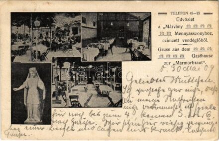 1909 Budapest I. Üdvözlet a 'Márvány menyasszonyhoz' címzett vendéglőből, étterem belső, kert vendégekkel (EK)