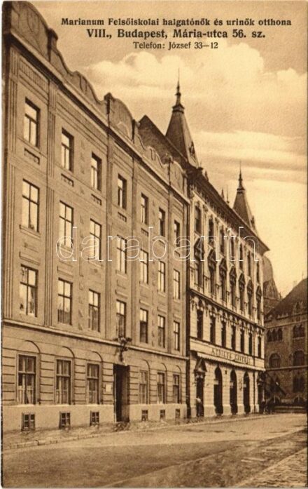 Budapest VIII. Marianum Felsőiskolai hallgatónők és úrinők otthona, Medikus kávéház. Mária utca 56. Drotleff Jos. kiadása, A jövedelm a kápolna alap javára