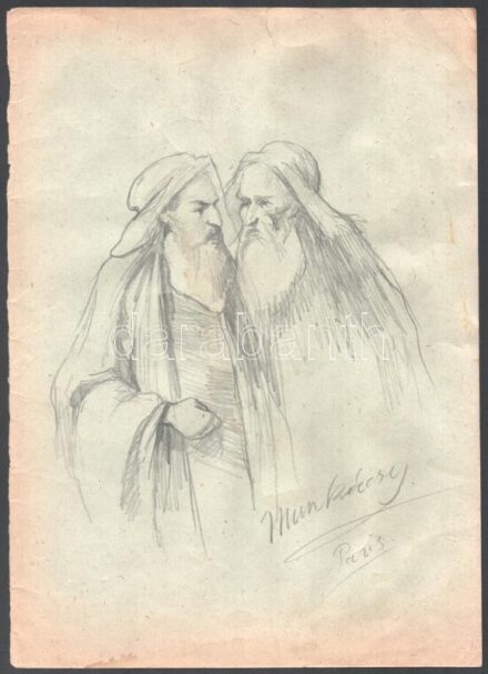 Munkácsy jelzéssel: Két alak. Ceruza, papír, kissé foltos, lapszéli kisebb szakadással, 34x24 cm.
