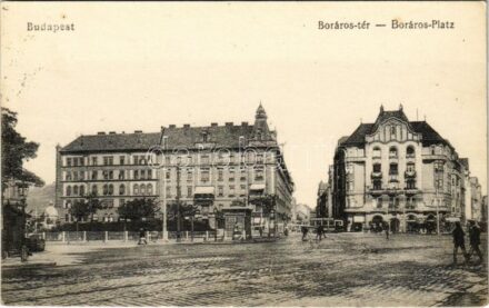 1915 Budapest IX. Boráros tér, Első Magyar Általános Biztosító Társaság, villamos Suchard Kakao reklámmal, utca locsolása