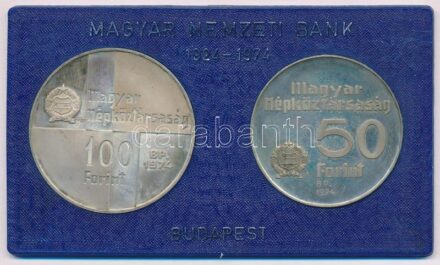 1974. 50Ft Ag '50 éves a Magyar Nemzeti Bank' + 100Ft Ag '50 éves a Magyar Nemzeti Bank' eredeti, sérült 'MNB' műanyag tokban T:1 (eredetileg PP) patina Adamo EM44, EM45