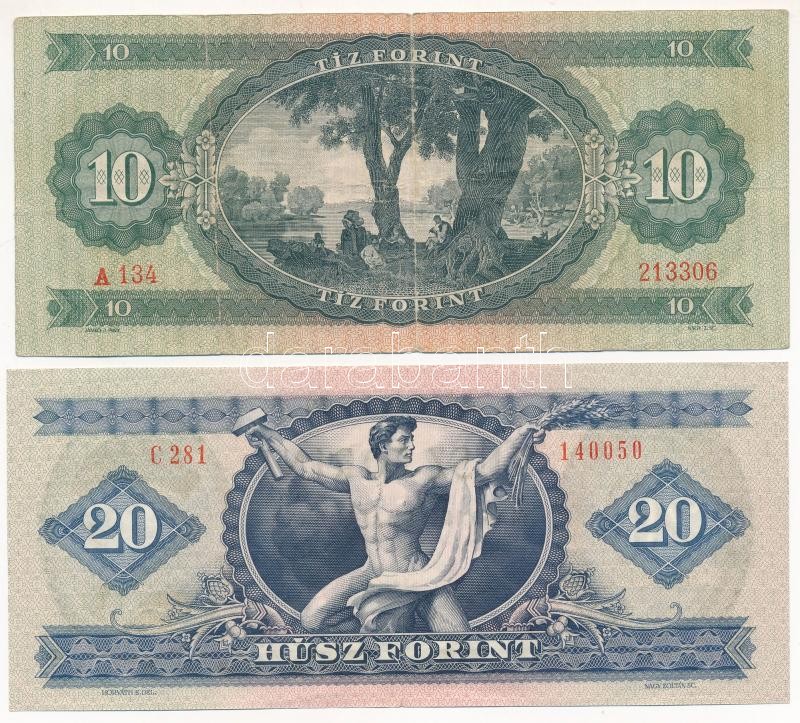 1962. 10Ft 'A134 213306' + 1975. 20Ft 'C281 140050' T:III az egyiken kis szakadás, folt Adamo F6, F16 - Image 2