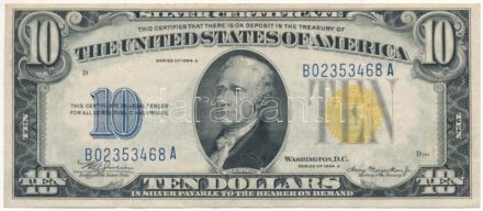 Amerikai Egyesült Államok 1934A 10$ 'B02353468' 'Silver Certificate - kisméretű sárga pecsét, Észak-Afrikai katonai kiadás' 'William Alexander Julian - Henry Morgenthau Jr.' T:III szép papír USA 1934A 10 Dollars 'B02353468' 'Silver