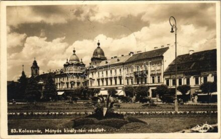 1940 Kolozsvár, Cluj; Mátyás király tér, Központi bank, üzletek / square, shops + '1940 Kolozsvár visszatért' So. Stpl (fl)