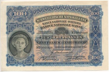 Svájc 1927. 100Fr '10F050328' 'Bachmann - Weber - Blumer' T:III szép papír Switzerland 1927. 100 Franken '10F050328' 'Bachmann - Weber - Blumer' C:F fine paper Krause 35.l29