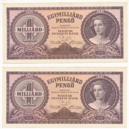 1946. 1.000.000.000P (2x) egyugrású sorszámokkal 'R341 010373-010375' T:II Adamo P28
